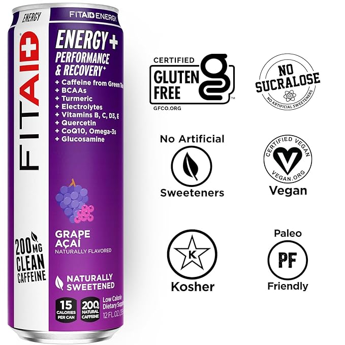 LIFEAID FITAID Energy Grape AÇAI 200mg Natural Caffeine Keto Pre-Workout Performance: BCAAs Quercetin Electrolytes Omega-3s 15 Calories Paleo Vegan &amp Gluten-Free 12-oz (Pack of 12)