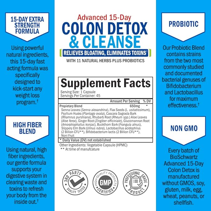 BioSchwartz 15 Day Cleanse for Colon and Gut Health Plus Hydrolyzed Collagen Peptide Capsules (45 Day Supply)