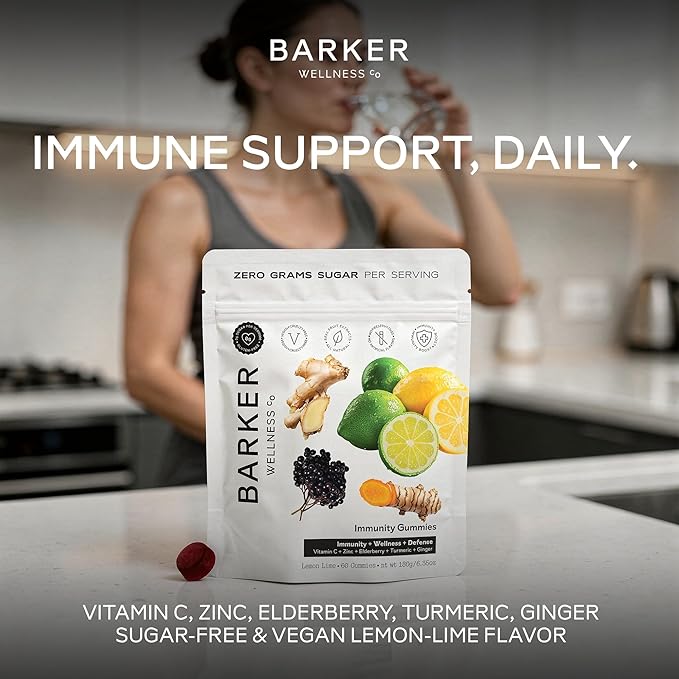 Barker Wellness Immunity Gummies with Vitamin C Zinc Elderberry Turmeric &amp Ginger for Daily Immune Support | Vegan Sugar-Free Lemon-Lime Flavor | Seasonal Wellness Essentials 60 Count