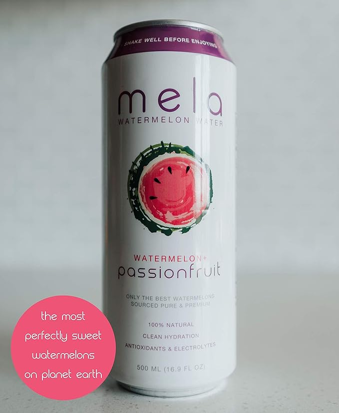 Mela Watermelon Water - Watermelon + Passionfruit | 12 Pack | 100% Natural Watermelon Juice + Passion Fruit Juice | Hydration Beverages | Antioxidant Vitamin C | No Added Sugar | 16.9oz per can