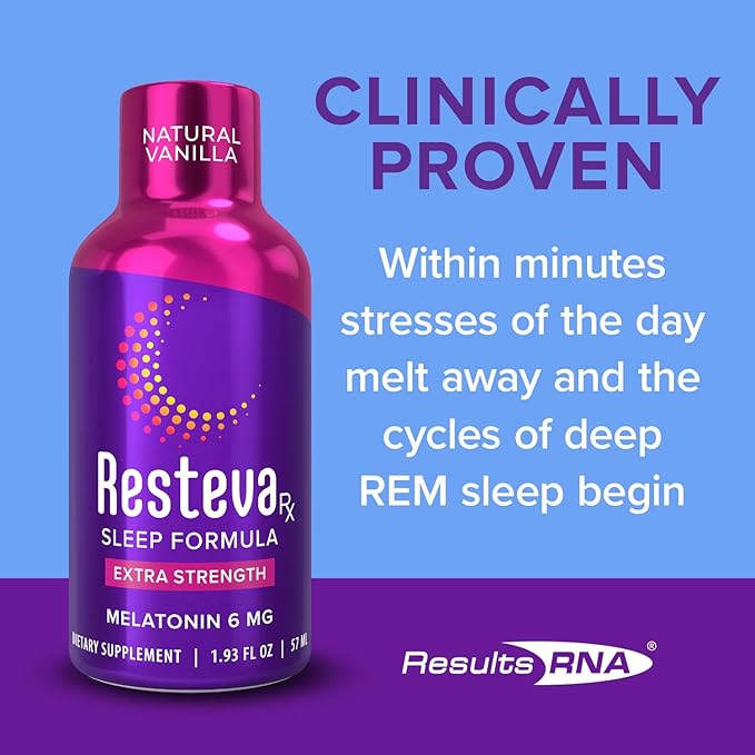 Results RNA Resteva Rx Sleep Aid: Delicious Fast-Acting Liquid Formula. Relaxing Mind &amp Body Promoting deep Sleep. Wake Refreshed with no Grogginess. Naturally sweetened 12 Pack