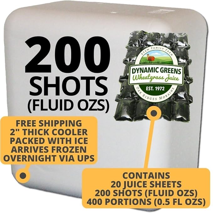 100% Wheatgrass Juice – Field-Grown Flash-Frozen Unpasteurized – 200 fl oz (400 x 0.5 fl oz Portions) – Dynamic Greens