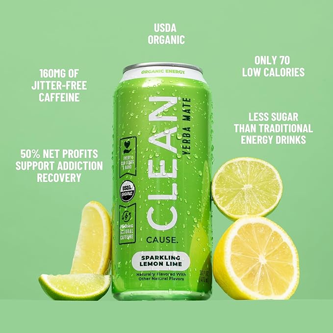 CLEAN Cause Low Calorie Lemon Lime &amp BlackBerry USDA Organic Sparkling Yerba Mate Tea (16oz cans 2-12-Pack Case) Low Sugar 160mg Caffeine Healthy Alternative to Soda &amp Energy Drinks.