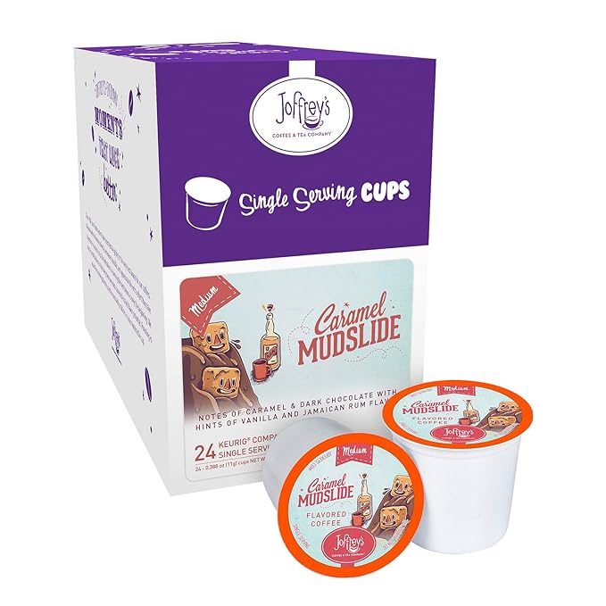 Joffrey's Coffee - Caramel Mudslide Artisan Medium Roast Arabica Coffee Beans Caramel Dark Chocolate Vanilla &amp Rum Flavor K-Cup 2.0 Compatible (24 Count)