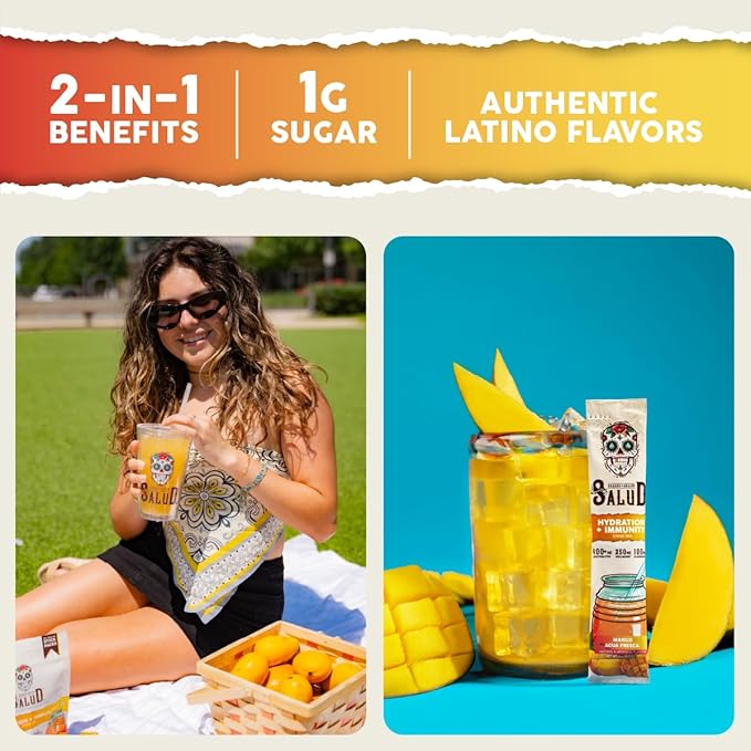 Salud 2-in-1 Hydration Packets + Immunity Electrolytes Powder Mango - Agua Fresca Drink Mix Elderberry Dairy &amp Soy Free Non-GMO Gluten Free Vegan Low Calorie 1g Sugar (15 Servings)