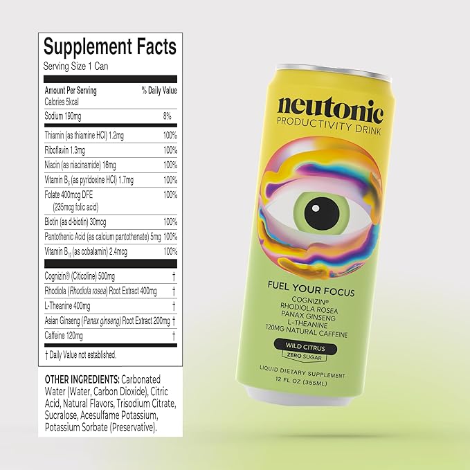 neutonic Nootropic Productivity Energy Drink &amp Focus Blend Powder Bundle | 12 Cans Wild Citrus &amp 16 Sticks Wild Berry | Zero Sugar | Support Memory Mental Clarity Cognitive Function
