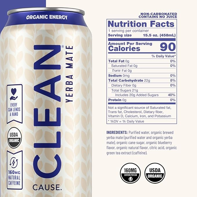 NEW! CLEAN Cause Lemonade &amp Tea and Blueberry USDA Organic Yerba Mate Tea (15.5oz cans 2-12-Pack Case) Non-Carbonated 160mg Caffeine