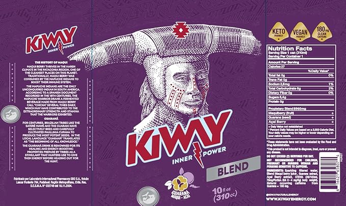 Ki-Way Natural Energy Drink Maqui Berry Natural Caffeine Guarana Acai Berry No Added Sugar No Artificial Colors Keto Vegan Friendly 27 Calories 10 FlOz / 295mL