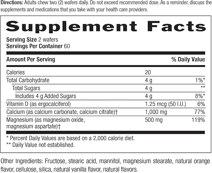 Country Life Cal-Snack Chewable Calcium Magnesium with Vitamin D 1000mg/500mg/50 IU Dairy-Free Vanilla Orange Flavor 60 Wafers Certified Gluten Free Certified Vegan (Pack of 2)