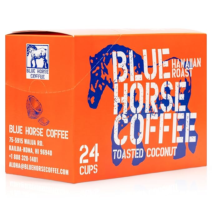Blue Horse 'Gentle Giant' Hawaiian Roast (20% Kona) Coffee Pods - Toasted Coconut - Medium Roast 24ct Single Serve Compatible with K Cups 2.0 Farm Fresh Premium 100% Arabica Beans