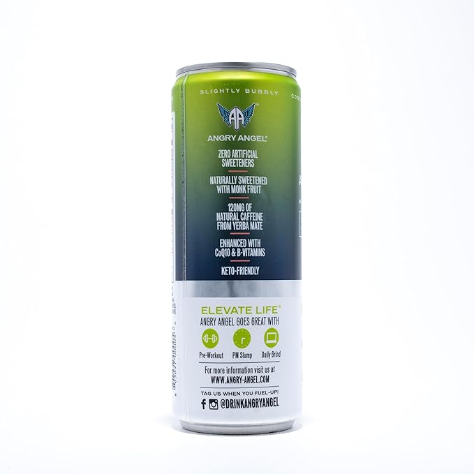 Angry Angel Strawberry Kiwi Natural Energy + Focus Drink (12 count) - Zero Sugar - Natural Caffeine from Yerba Mate - CoQ10 - B Vitamins - 12 oz Cans