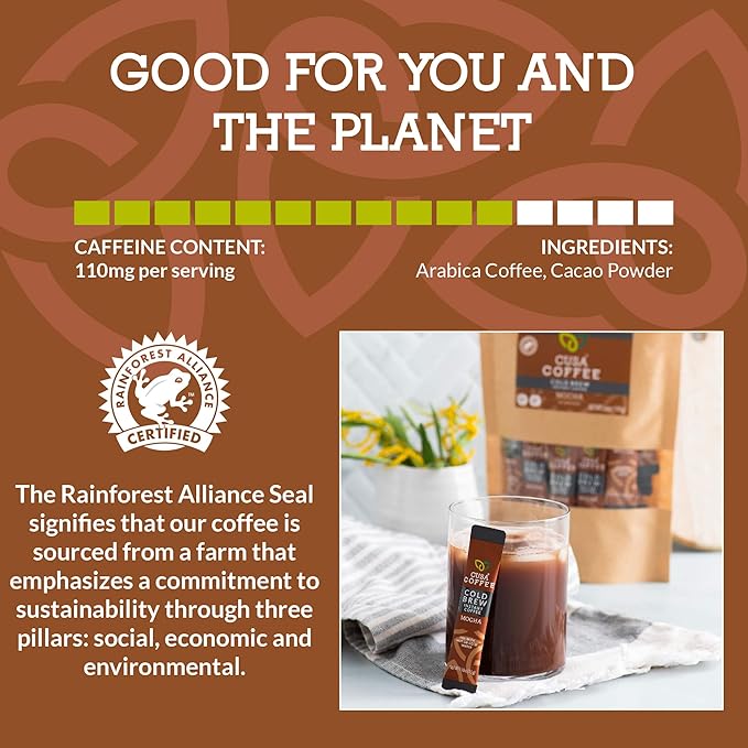 Cusa Tea &amp Coffee Mocha Cold Brew. Premium Instant Coffee Rainforest Alliance Certified Arabica Beans. Drink Mix Packets Ready in Seconds Makes Hot or Iced Coffee (30 Servings)