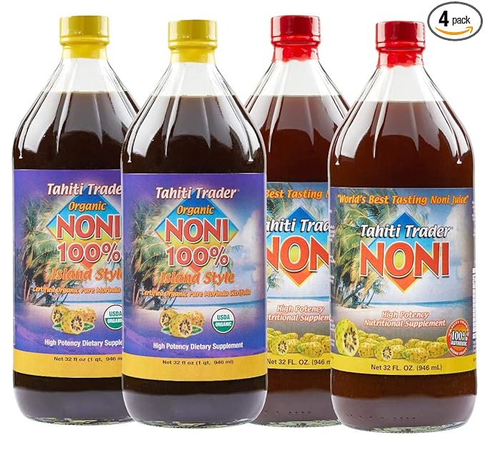 TAHITI TRADER Mix &amp Match - Original High-Potency Noni &amp 100% Noni Island Style Juice - Organic Antioxidant Superfood Juice Supporting Energy &amp Body Health - (32oz 4 Pack)
