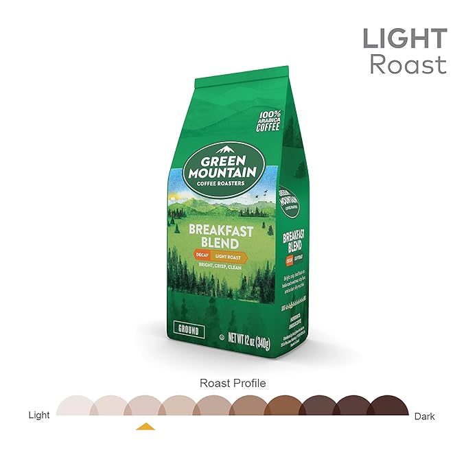 Green Mountain Coffee Roasters Breakfast Blend Decaf Ground Coffee Decaffeinated Light Roast Bagged 12oz. (Pack of 2)