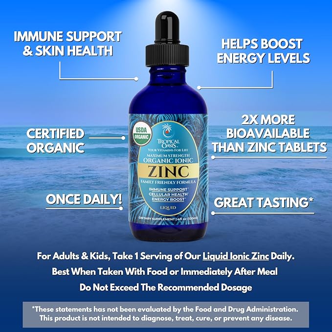 USDA Organic Ionic Zinc Droppers for Men Women &amp Kids | Liquid Zinc Supplement Trace Mineral Formula | Immune Function | Skin Health | 98% Absorption | Sugar-Free Vegan Non-GMO | 4 Fl Oz