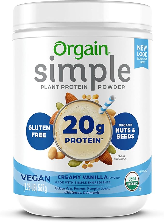 Orgain Organic Simple Vegan Protein Powder Vanilla with Collagen Peptides Powder - Plant Based Protein Hair Skin Nail Joint Support - 1.25lb 1lb