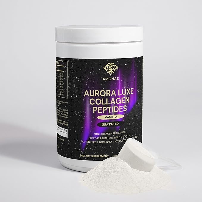 Aurora Luxe Collagen Peptides Powder - Vanilla - All Natural Premium Grass-Fed Bovine Collagen Powder - Types I &amp III Collagen Stevia Sweetened Non-GMO (10g per Serving)