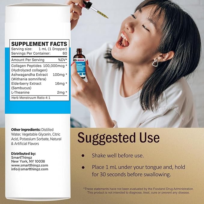 Collagen Mojo - Liquid Collagen for Women &amp Men Collagen Peptides with Ashwagandha Elderberry &amp L-Theanine - Hair Skin Nails Joint &amp Stress Support High Absorption - 100000mcg 2 Oz