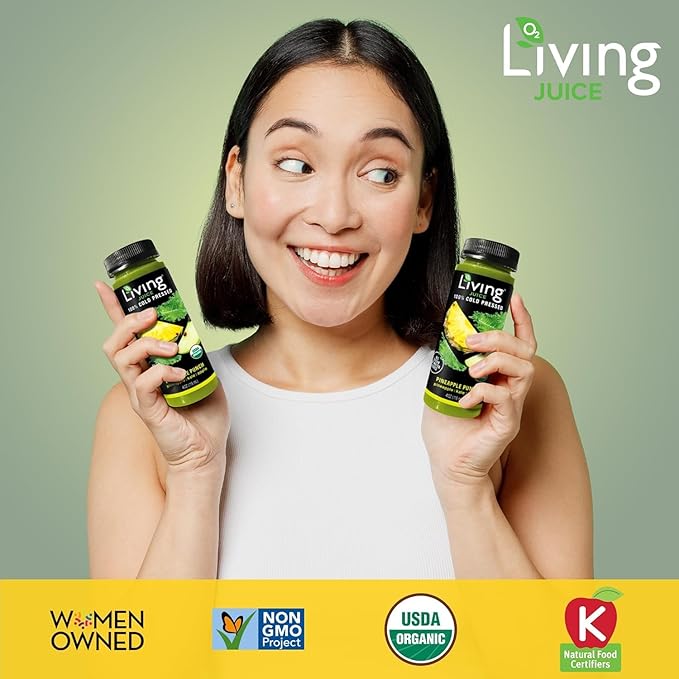 O2 Living Juice Cold Pressed Drink - Green Vitality Organic Juice Pack - No Added Sugars or Water Naturally Sweetened from Fruits Packed with Nutrients &amp Vitamins - Non-GMO - 4 fl oz - 8 Pack