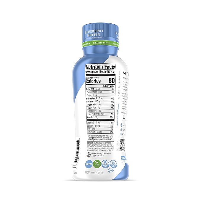 Super Coffee Plant Based Keto Protein Coffee (0g Added Sugar 10g Pea Protein 80 Calories) [Blueberry Muffin] 24 Fl Oz 24 Pack | Iced Smart Coffee Drinks