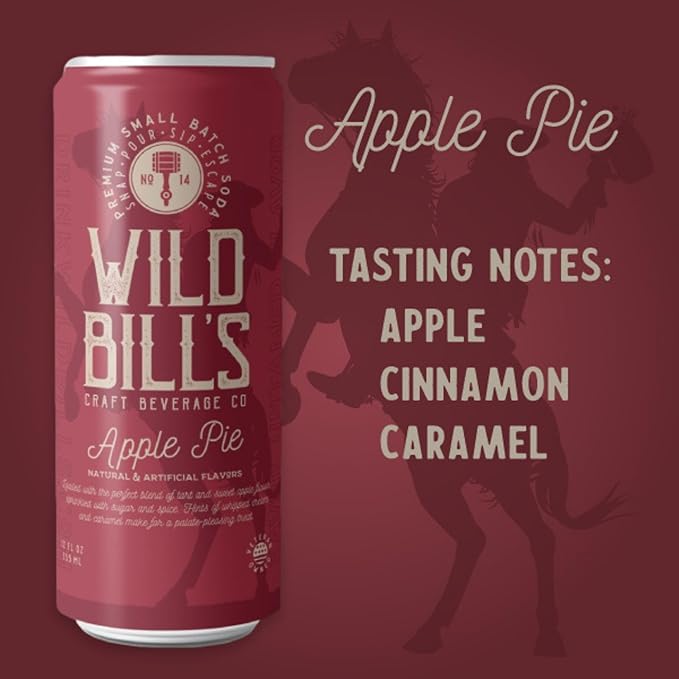 Wild Bill's Apple Pie Soda Classic Craft Soda Pop Soft Drinks Sodas Made with Pure Cane Sugar Caffeine Free NO High Fructose Corn Syrup Gluten Free Vegan Low Sodium 12 Oz 12 Pack