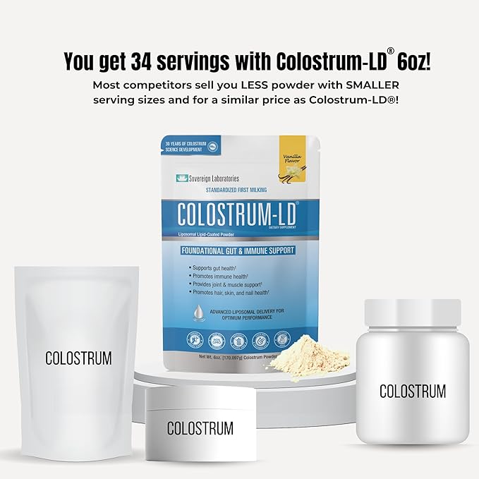 Colostrum-LD Liposomal Delivery - Colostrum Powder - Gluten-Free Lactose-Reduced - 34 Servings - Sovereign Laboratories - 6 oz Vanilla
