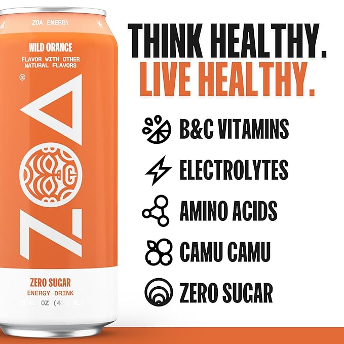 ZOA Zero Sugar Energy Drinks - Wild Orange | Healthy Energy Formula with Natural Caffeine Daily Vitamin C Essential B-Vitamins | Gluten-Free Keto Friendly | 16 Ounce Cans (Pack Of 12)