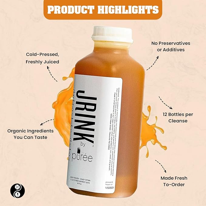 JRINK by Purée Gold Rush Cold Pressed Juice Cleanse with Organic Lemon Ginger Detox Drink from Raw Fruit and Vegetable Juice No Preservatives Healthy Cleanse 16oz Bottles 12 Pack