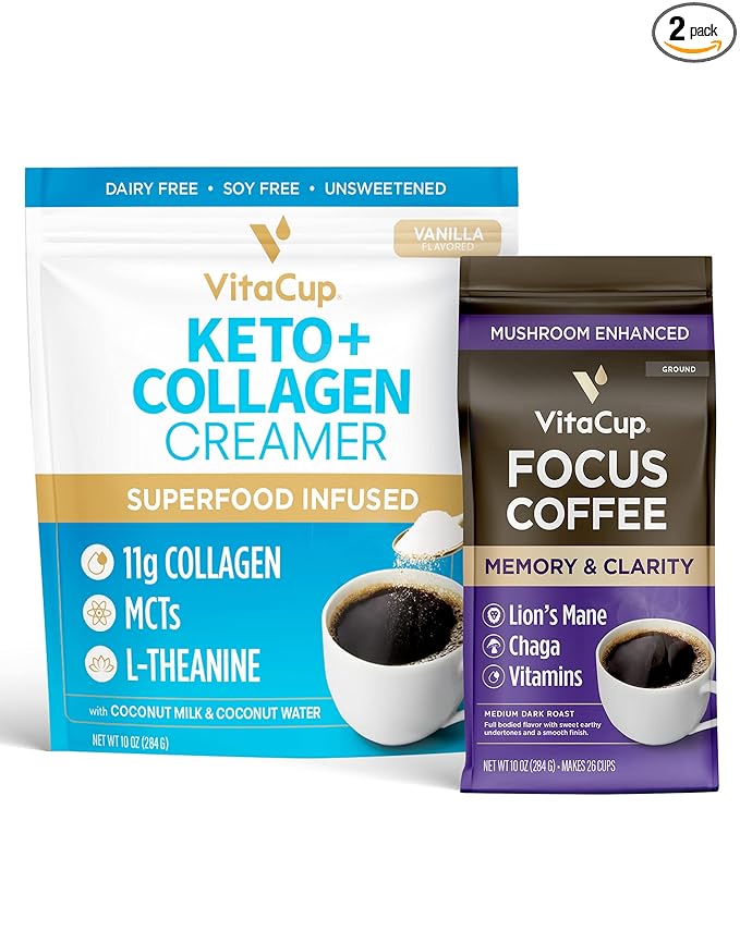 Vitacup Focus Mushroom Ground Coffee &amp Keto + Collagen Vanilla Coffee Creamer Bundle for Immune Support &amp Focus Cognitive Support 10oz ground coffee &amp 10 oz Creamer Powder Bag