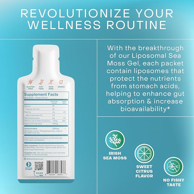 Akasha Superfoods Irish Sea Moss Gel Liposomal Seamoss with Irish Sea Moss Vitamin E Citrus Organic Vanilla Glycerin Skin Energy &amp Gut Health Support for Women &amp Men Sweet Citrus Flavo