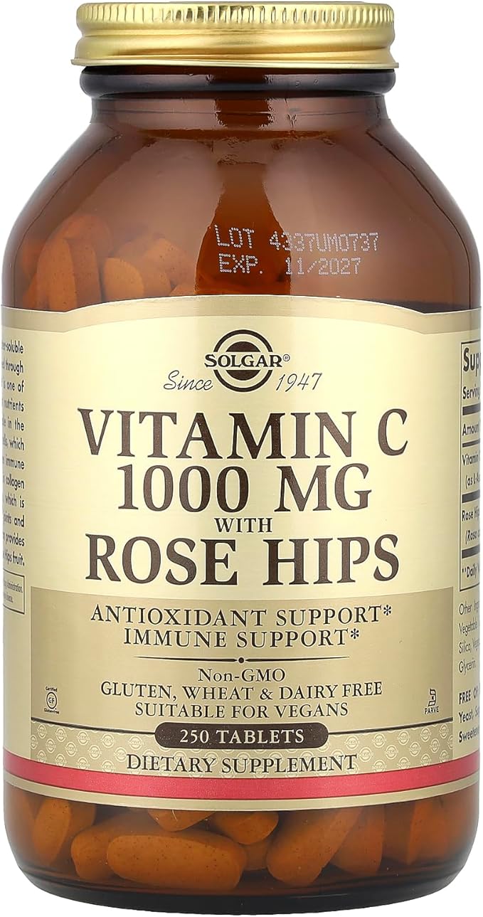 Solgar Vitamin C 1000 mg with Rose HIPS 250 Tablets - Antioxidant &amp Immune Support - Overall Health - Supports Healthy Skin &amp Joints - Non-GMO Vegan and Kosher - 250 Servings