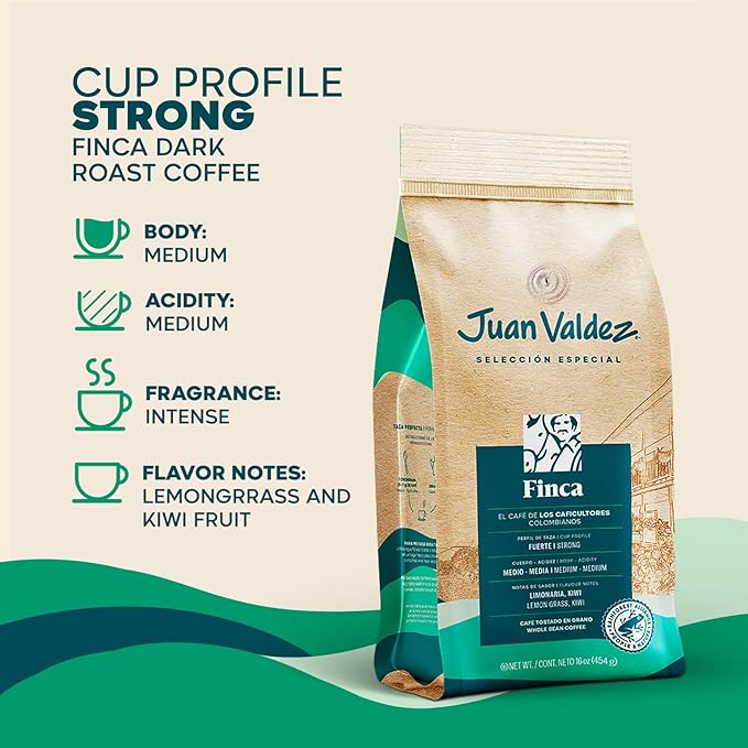 Juan Valdez Finca Whole Bean Coffee - Dark Roast | 16 oz / 454 gr | 100% Colombian Coffee - Rainforest Certified | With Lemongrass &amp Kiwi Notes
