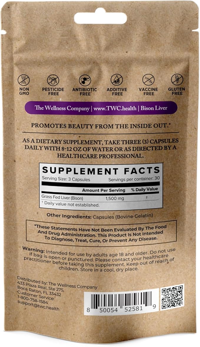 Bison Liver – Natural Beauty Hormone Balance Vitality - Grass-Fed &amp Finished Organ Capsules for Collagen &amp Skin Health | 90ct (1 Month Supply)
