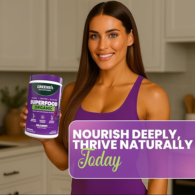 Greens+ Organic Wild Berry Superfood Powder Antioxidant Polyphenol Blend for Morning Kick Energy Vitality Boost Nutrition Vibrant Health Dietary Supplement Vegan Soy/Dairy/Gluten Free(8.46oz)