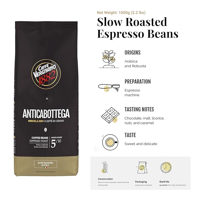 Caffe' Vergnano Whole Bean Coffee Bundle - Antica Bottega Beans 1000g bag &amp Cremoso Espresso Original Line Machine Compatible Capsules (50 Pack)
