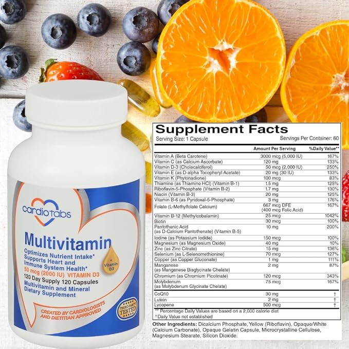 Multivitamin - Heart and Immunity Supplements for Men &amp Women Multivitamin for Men &amp Women with Minerals B-Vitamin Complex Vitamins A C E K and 2000 IU Vitamin D3 120-Count Bottle