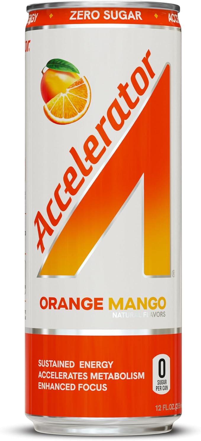 Accelerator Energy Drink Orange Mango 12oz can (12 pack) Zero Sugar Sustained Energy from 100% Natural Caffeine (200mg from Green Coffee Bean &amp Green Tea extract)