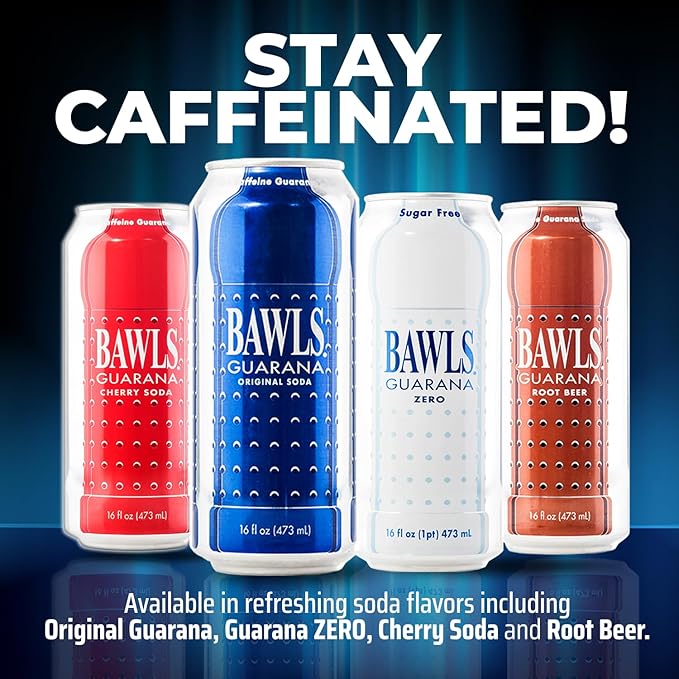 BAWLS Guarana Root Beer - Guarana Fueled Soda for Energy High Caffeinated Drink 12 Pack 16oz Cans