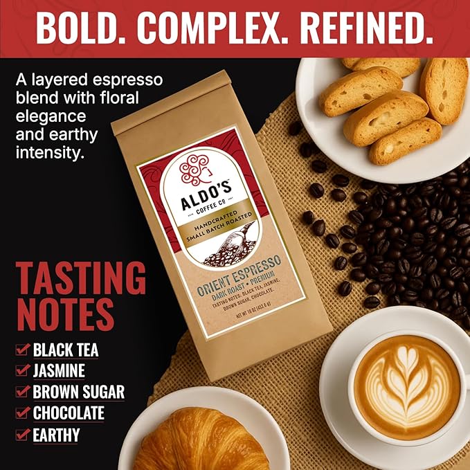 Aldo’s Coffee Co. Orient Espresso – Organic Dark Roast Coffee Signature Espresso Blend Small Batch Roasted Delivered Fresh 1 Pound (16 oz) (Coarse)