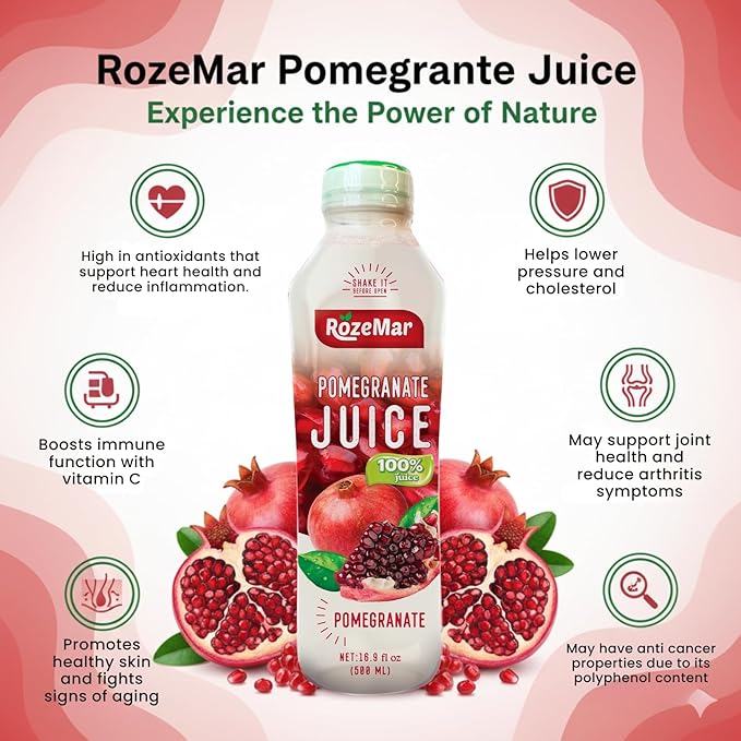 Rozemar Pomegranate Juice | Antioxidant-Rich Superfruit Drink | Supports Heart Health Immunity &amp Skin Vitality | Refreshing Wellness Beverage 16Fl Oz | Pack of 12
