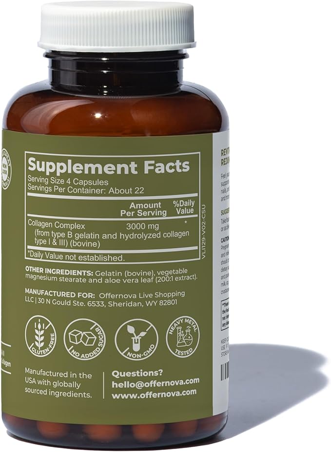 Offernova Collagen Ultra Hydrolyzed Collagen Supplements - 3000mg Anti Aging Bovine Collagen Peptides for Healthy Joints Bones Hair and Skin. Pastilla de Colageno Hidrolizado 90 Capsules