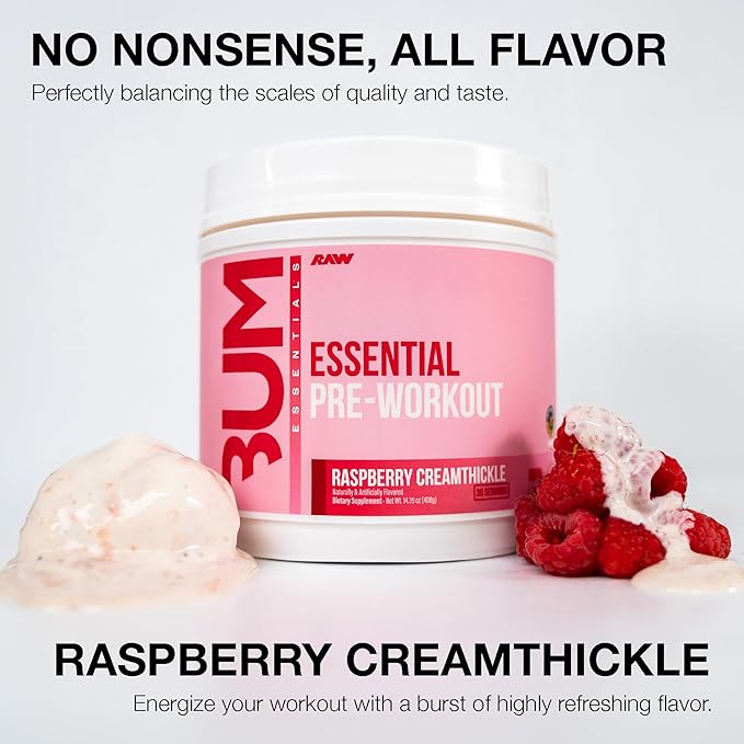 RAW Essential Pre-Workout Powder (Rasberry Creamthickle) - Chris Bumstead Sports Supplement for Men &amp Women - Preworkout Energy Powder with Caffeine L-Citrulline L-Tyrosine &amp Beta Alanine B