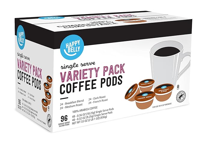 Amazon Brand - Happy Belly Variety Pack Compostable Coffee Pods Compatible with K-Cup Brewer (Breakfast Blend Dark/ Medium/ French Roast) 96 count (Pack of 1)