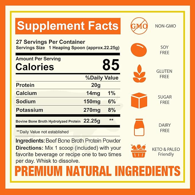 Zammex Pure Grass Fed Beef Bone Broth Protein Powder 20g Protein Hydrolyzed Collagen Supplement for Healthy Skin Nails Hair Joints Non-GMO Gluten Free Paleo &amp Keto Friendly Great in Soup