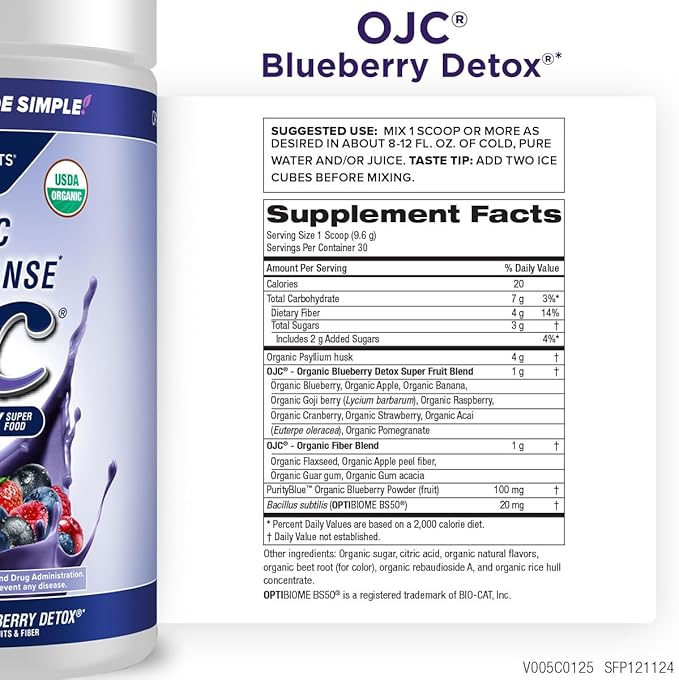Purity Products OJC Blueberry Detox - Certified Organic Juice Cleanse Bloat + Gas Relief- Ft. OptiBiome Probiotics Organic Super Fruits + 4 Grams Organic Psyllium Fiber - Vegan - 30 Day Supply