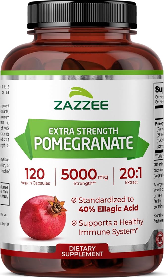 Zazzee Extra Strength Pomegranate 20:1 Extract 40% Ellagic Acid 120 Vegan Capsules 4 Month Supply Punica Granatum Antioxidant &amp Cellular Health Support Non-GMO Made in the USA