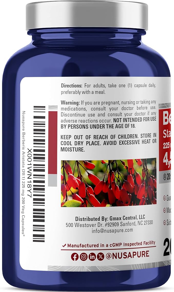 NusaPure Berberine HCI 20:1 Extract 225 mg Equivalent to 4500mg - 200 Veggie Caps - (Vegetarian Non-GMO Vegan)