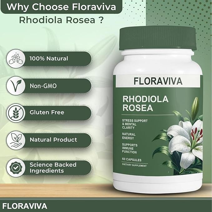 Floraviva Rhodiola Rosea Capsules 500mg - Natural Adaptogen Supplement for Stress Support Mental Focus &amp Energy - Non-GMO