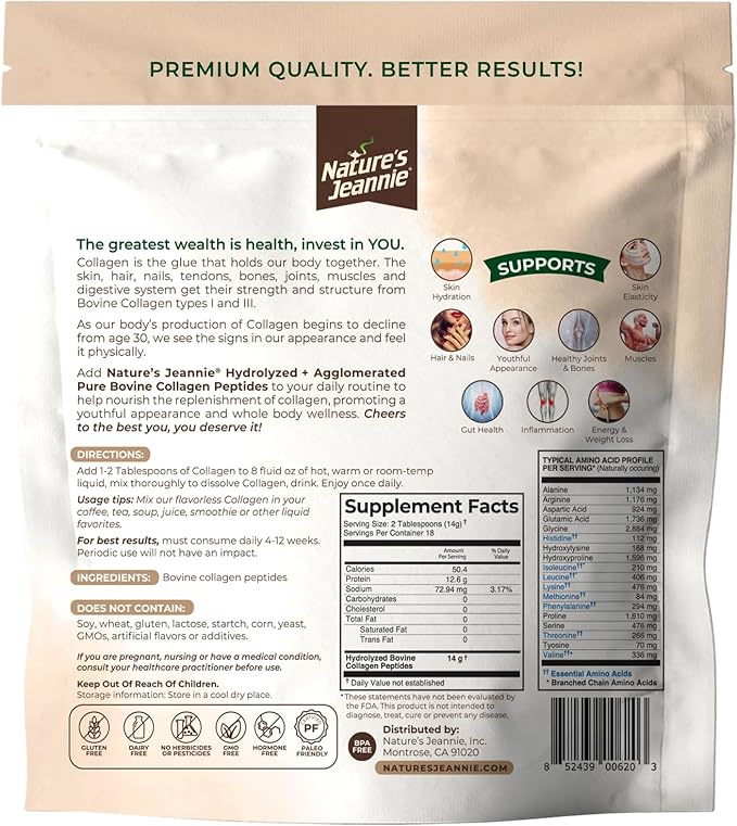 Nature's Jeannie Agglomerated &amp Pure Hydrolyzed Collagen Peptides Powder - Type 1 &amp 3-9 oz - Support Nails Joints Muscle Health - Unflavored Grass Fed Bovine Collagen Powder - Colageno Hidro