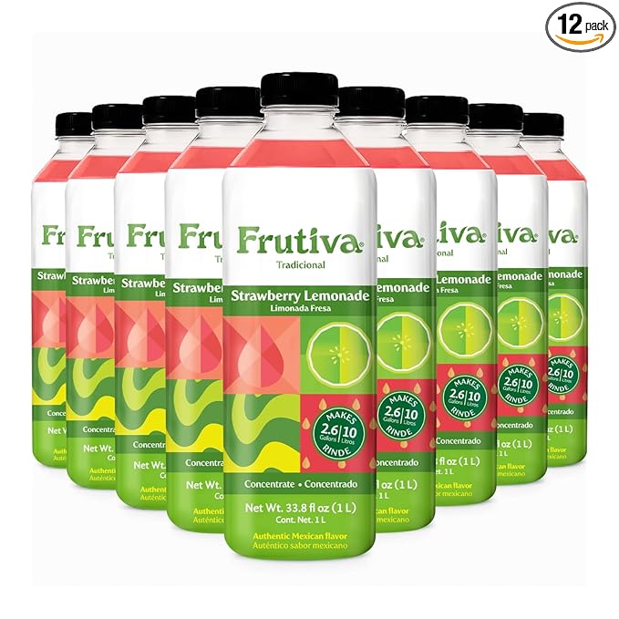 Frutiva Authentic Strawberry Lemonade Drink Mix | Made in Mexico with Cane Sugar | Aguas Frescas Concentrate Makes 2.6 Gallons Per Bottle | No High Fructose Corn Syrup | Perfect for Drinks Desserts &